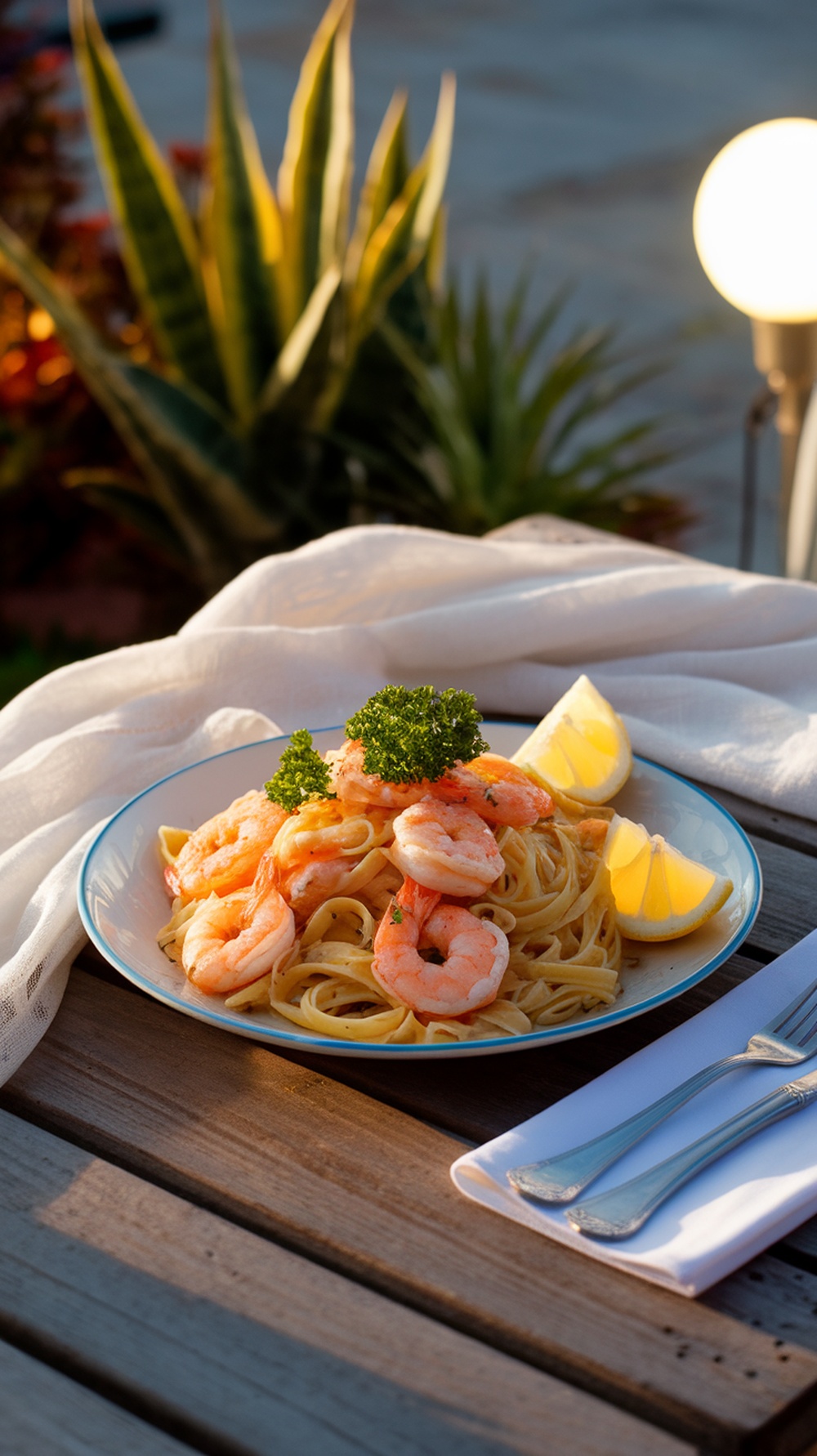 A plate of lemon garlic shrimp pasta garnished with parsley and lemon wedges, set on a wooden table.