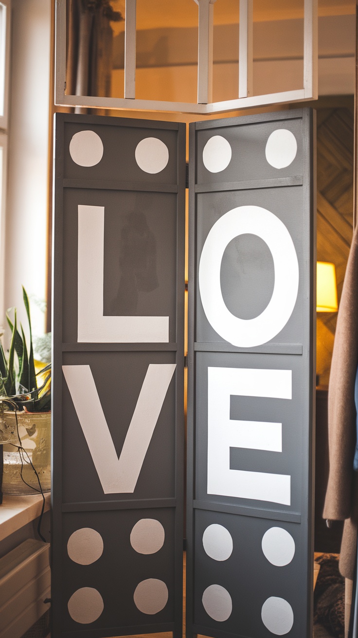 Custom painted IKEA IVAR room divider with 'LOVE' in white letters on a gray background.