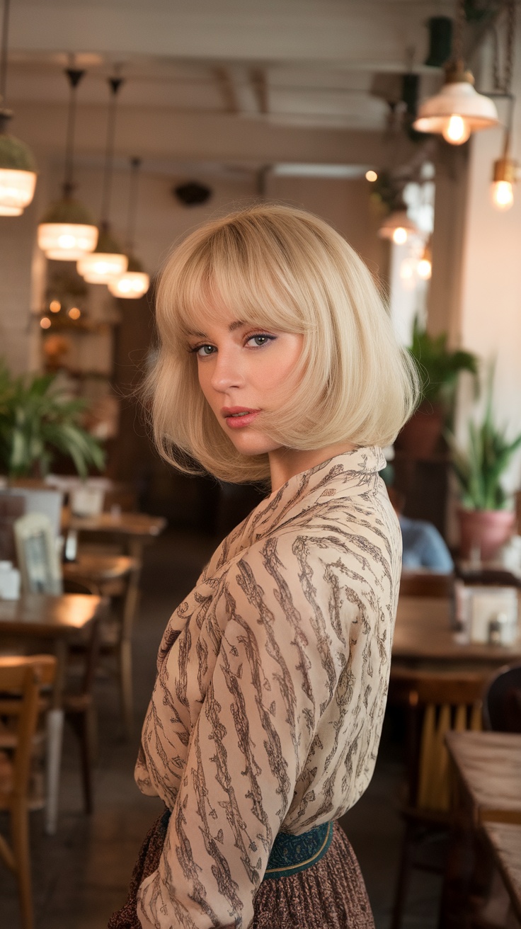 A woman with a sleek blonde bob hairstyle, reminiscent of the 90s, looking stylish in a cafe setting.