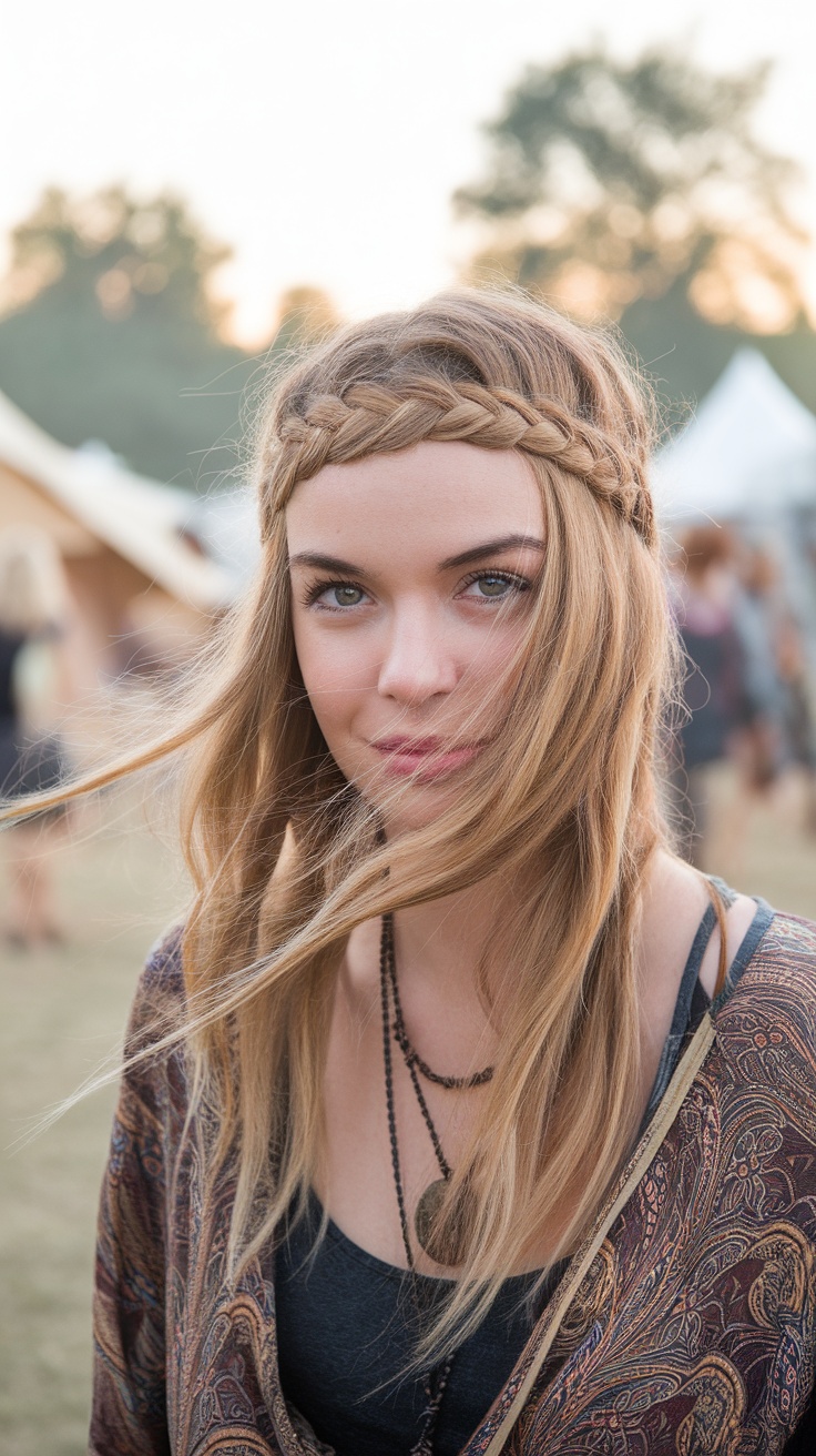 A woman with braided front bangs and long hair, wearing a patterned top, at an outdoor event.