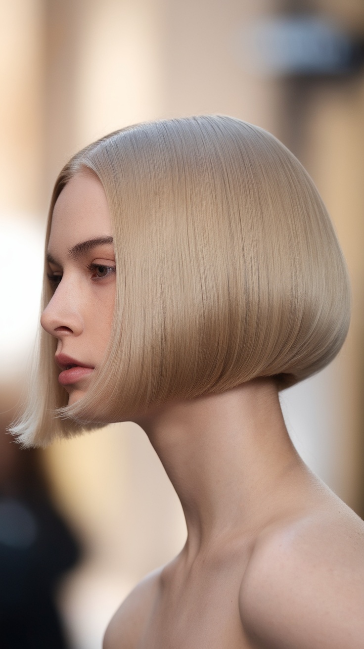 A model with a sleek chin-length short bob hairstyle, showcasing a polished and elegant look.