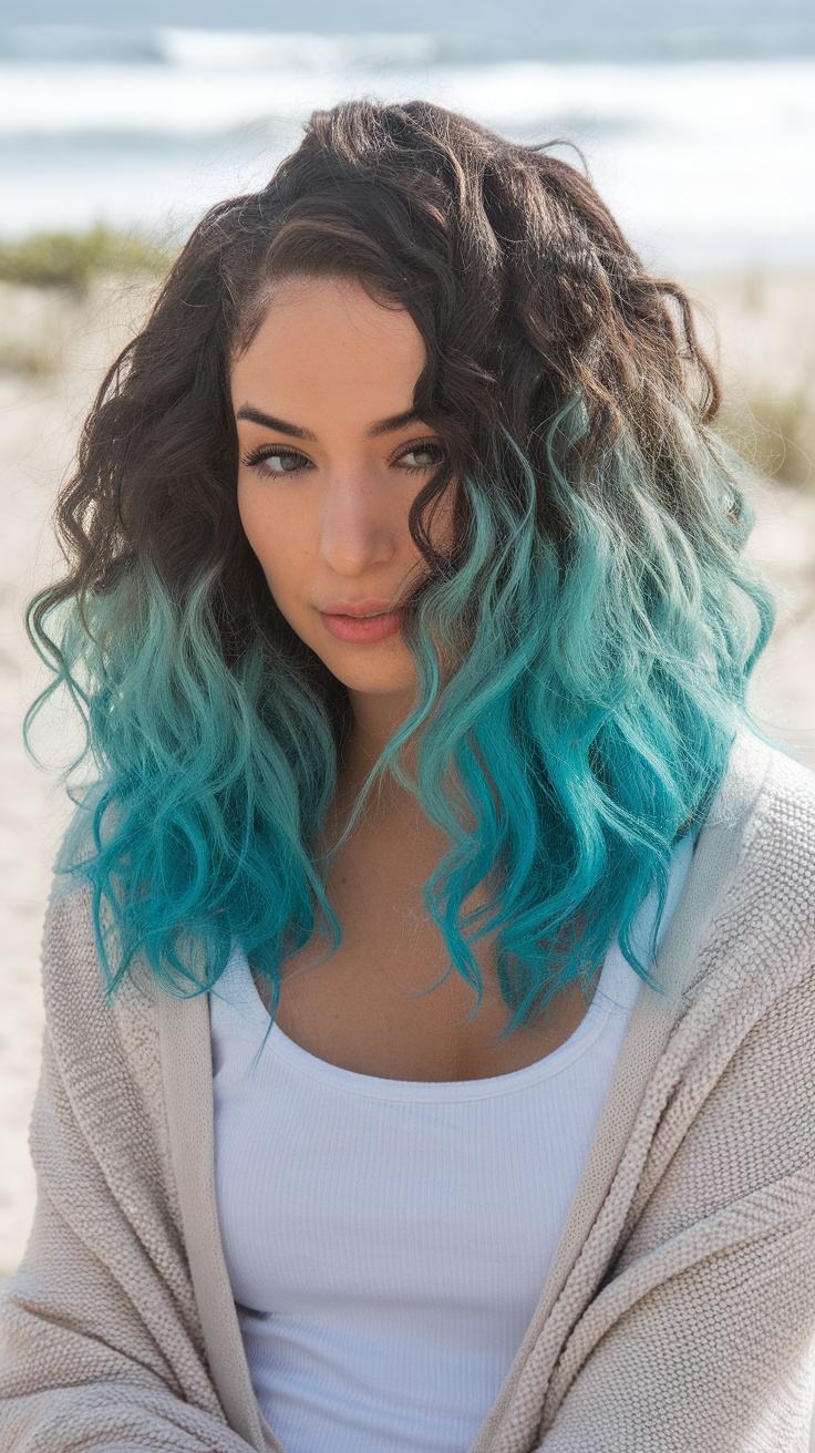 Woman with curly hair styled in a middle part and dyed ends, showcasing a beachy look.