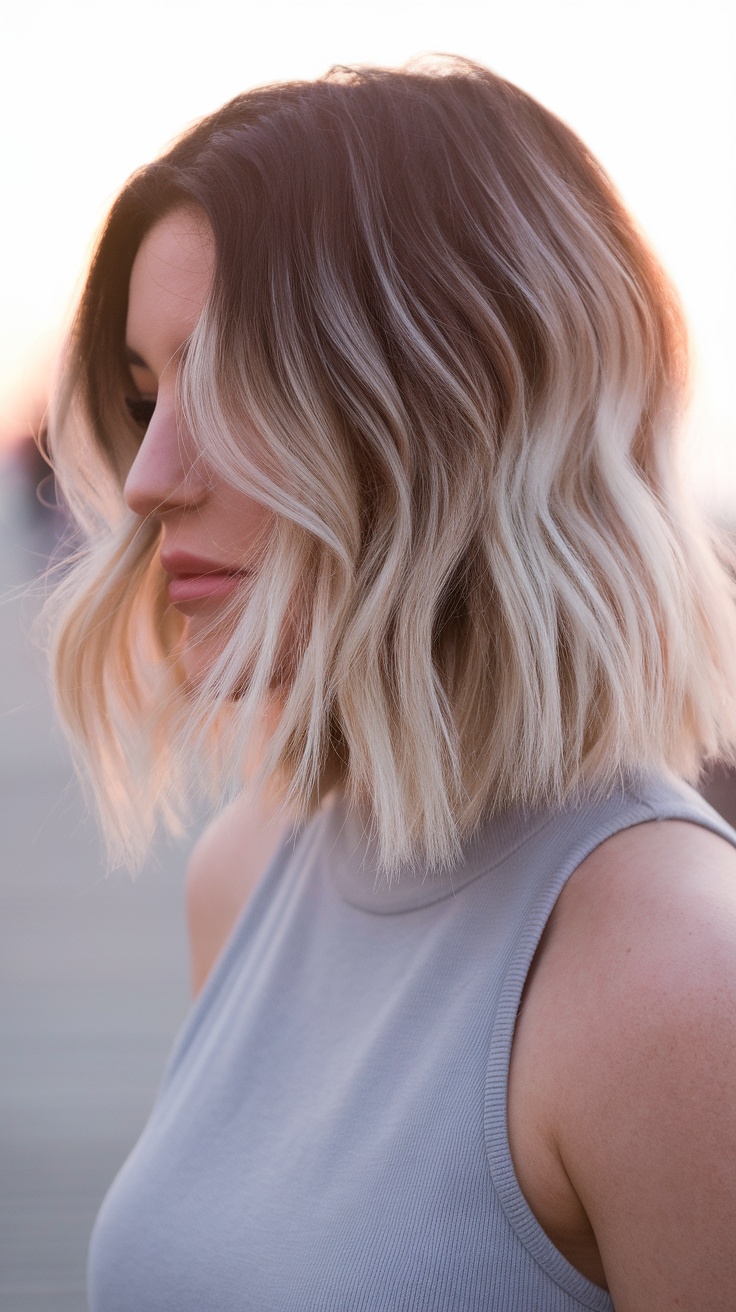 A woman with dark roots and blonde ends in a wavy hairstyle, wearing a gray top.