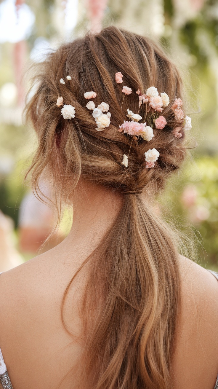 A woman with a ponytail decorated with small flower accessories.