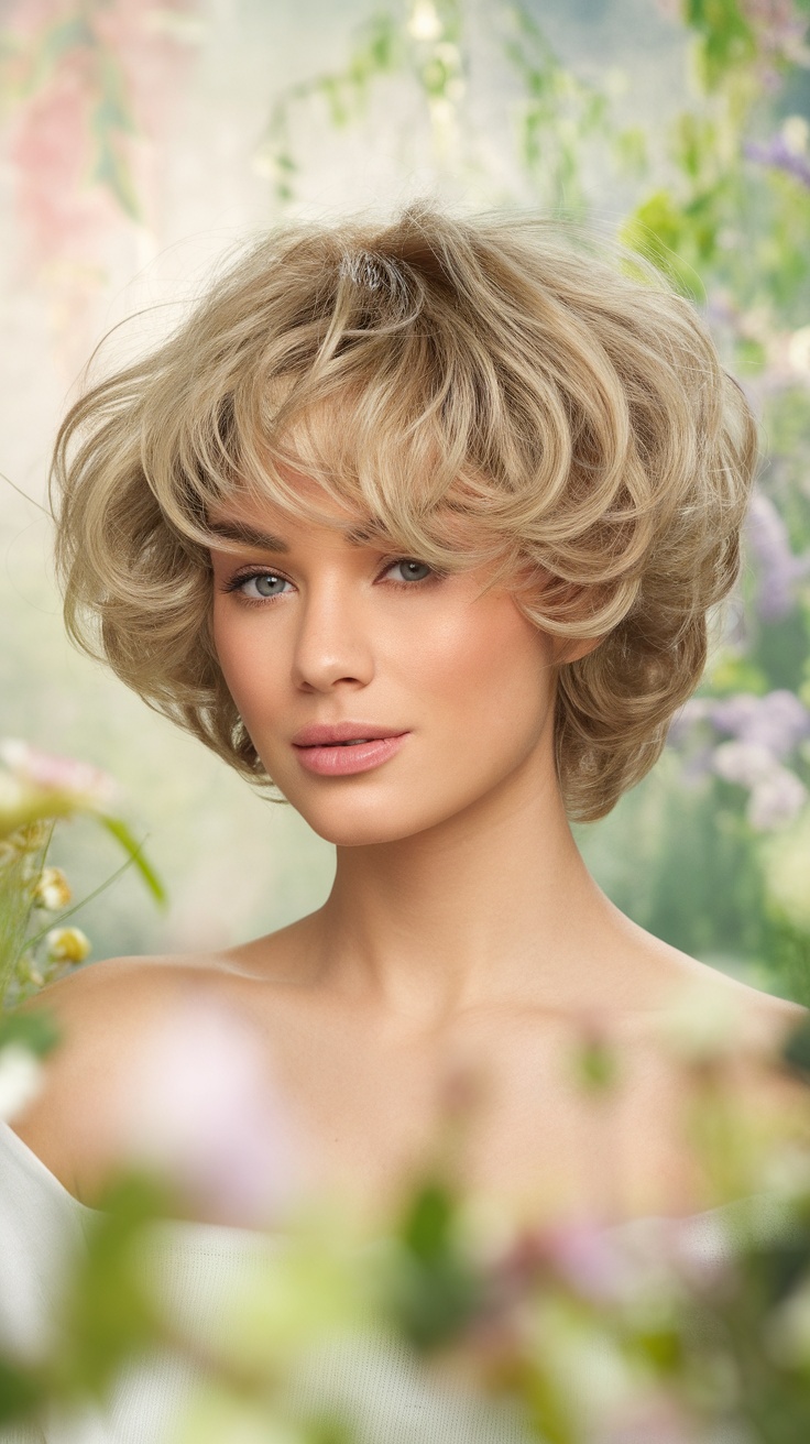 A woman with a short curly bob hairstyle, smiling in a floral setting.