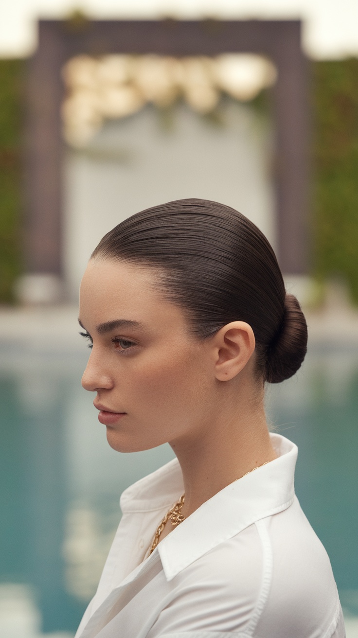 A woman with slicked hair styled in a bun, wearing a white shirt, by a pool.