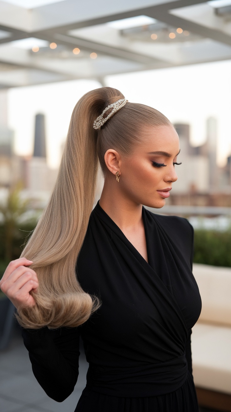 A stylish woman with a slicked ponytail and a decorative hair accessory.