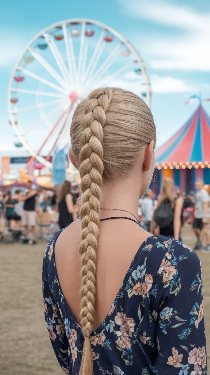 A woman with a long French braid ponytail, set against a festive background with a ferris wheel.