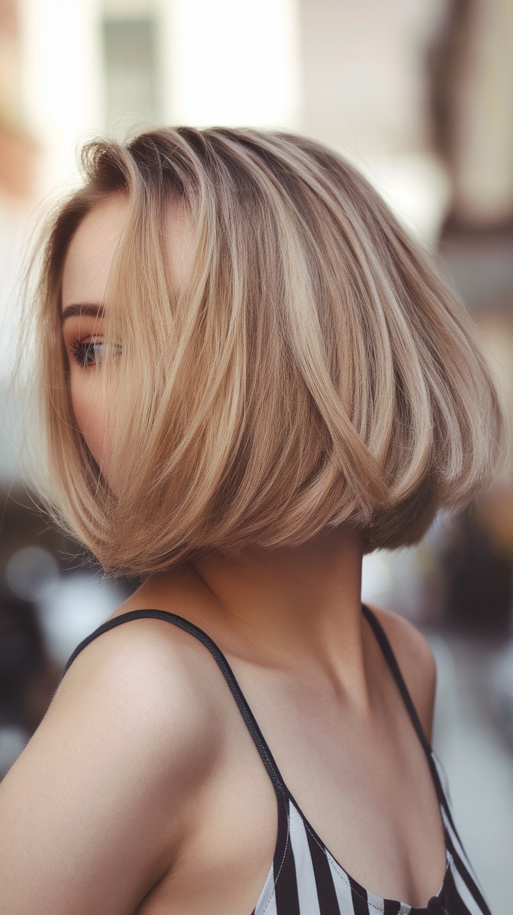 A woman with a volumized bob hairstyle, styled with an off-center part.