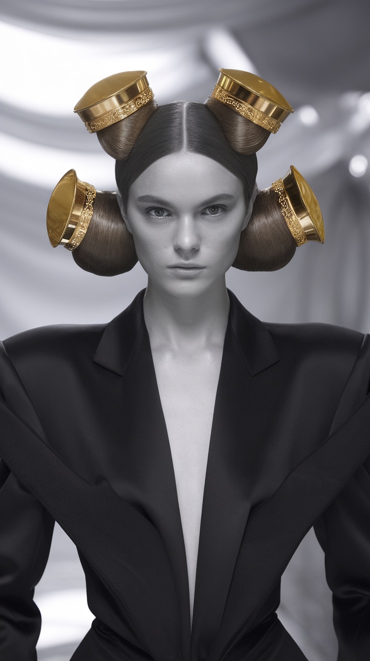 A model showcasing a 4 part hairstyle featuring gold cap accessories and an elegant updo.