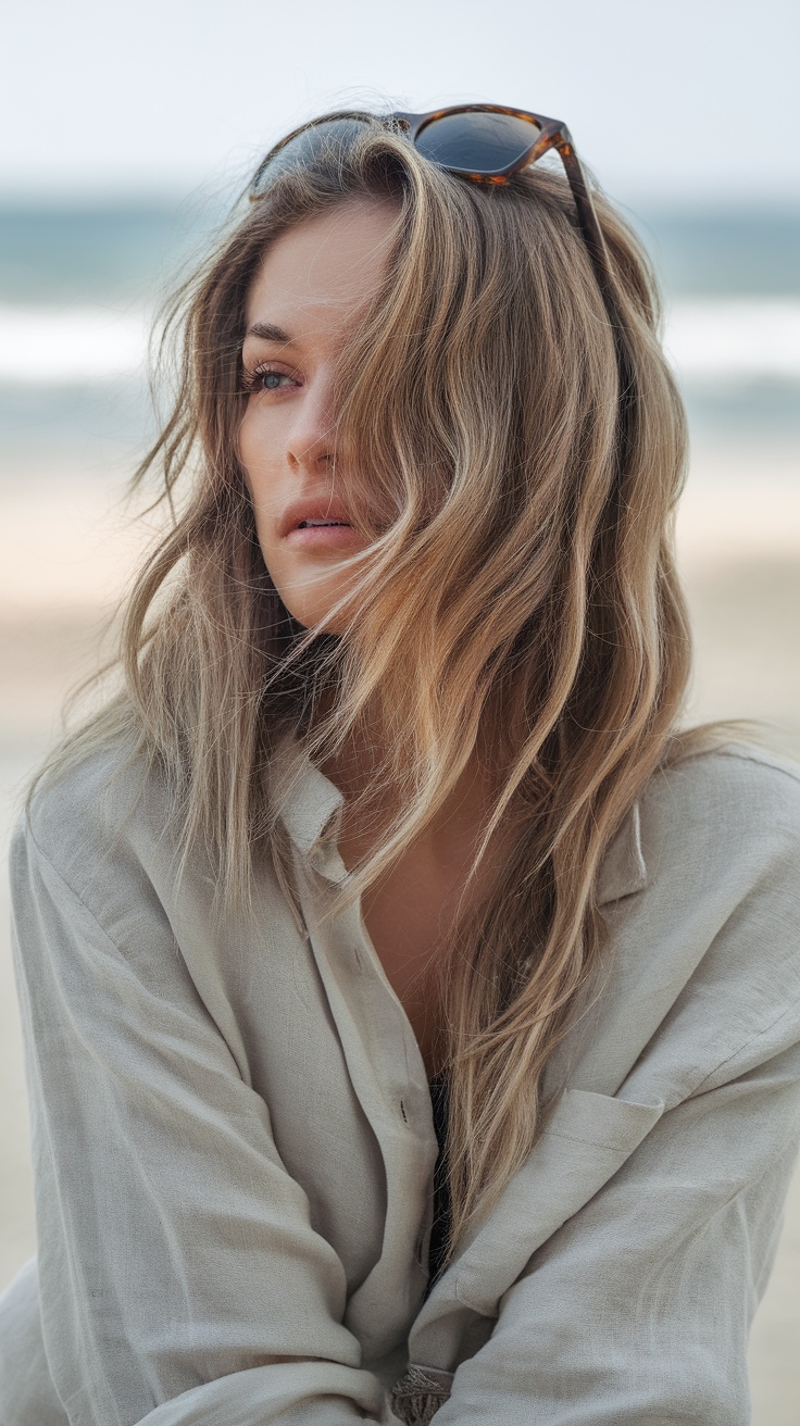 A woman with beachy waves and sun-kissed highlights, wearing a light shirt, seated by the beach.