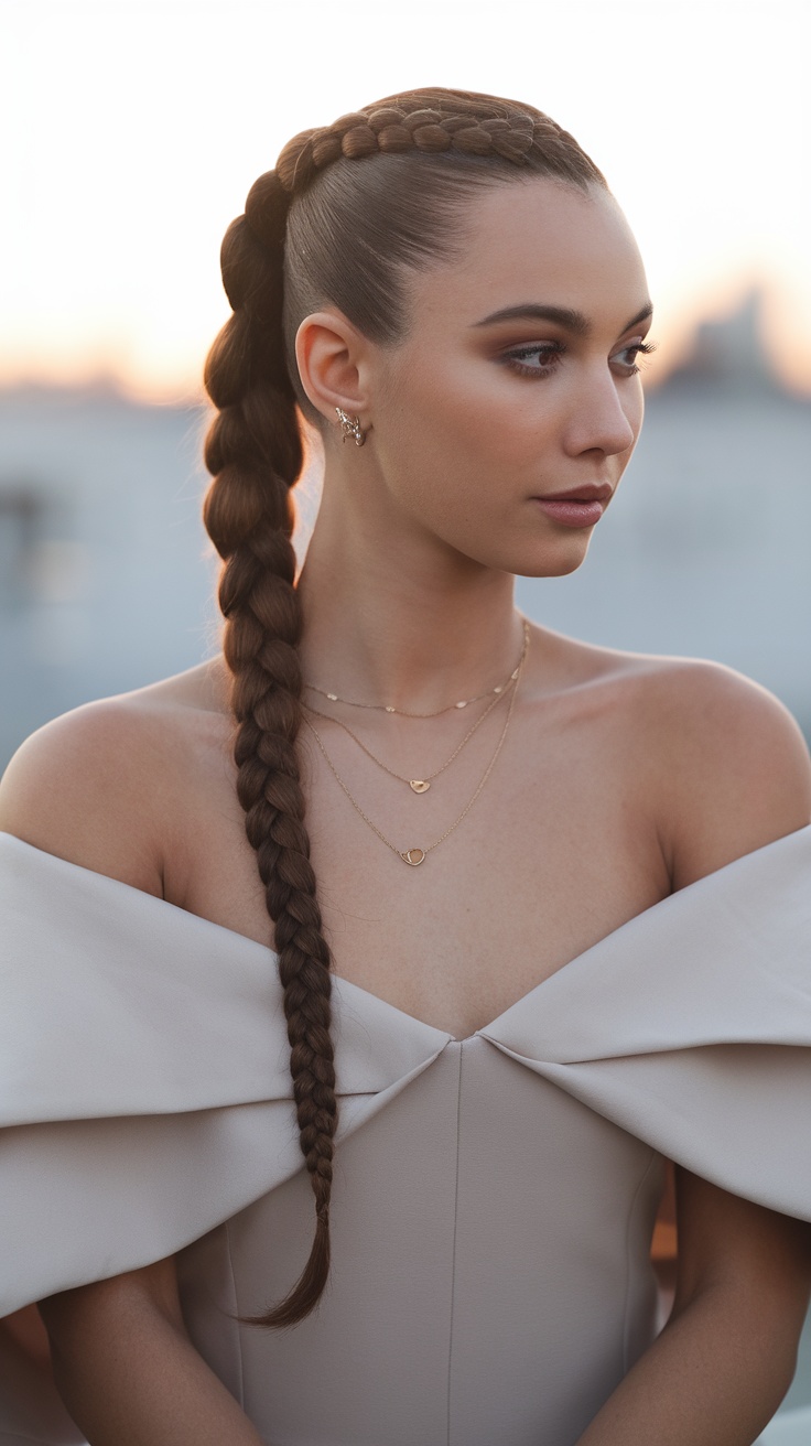 A woman with a braided low ponytail, wearing a stylish outfit and jewelry.