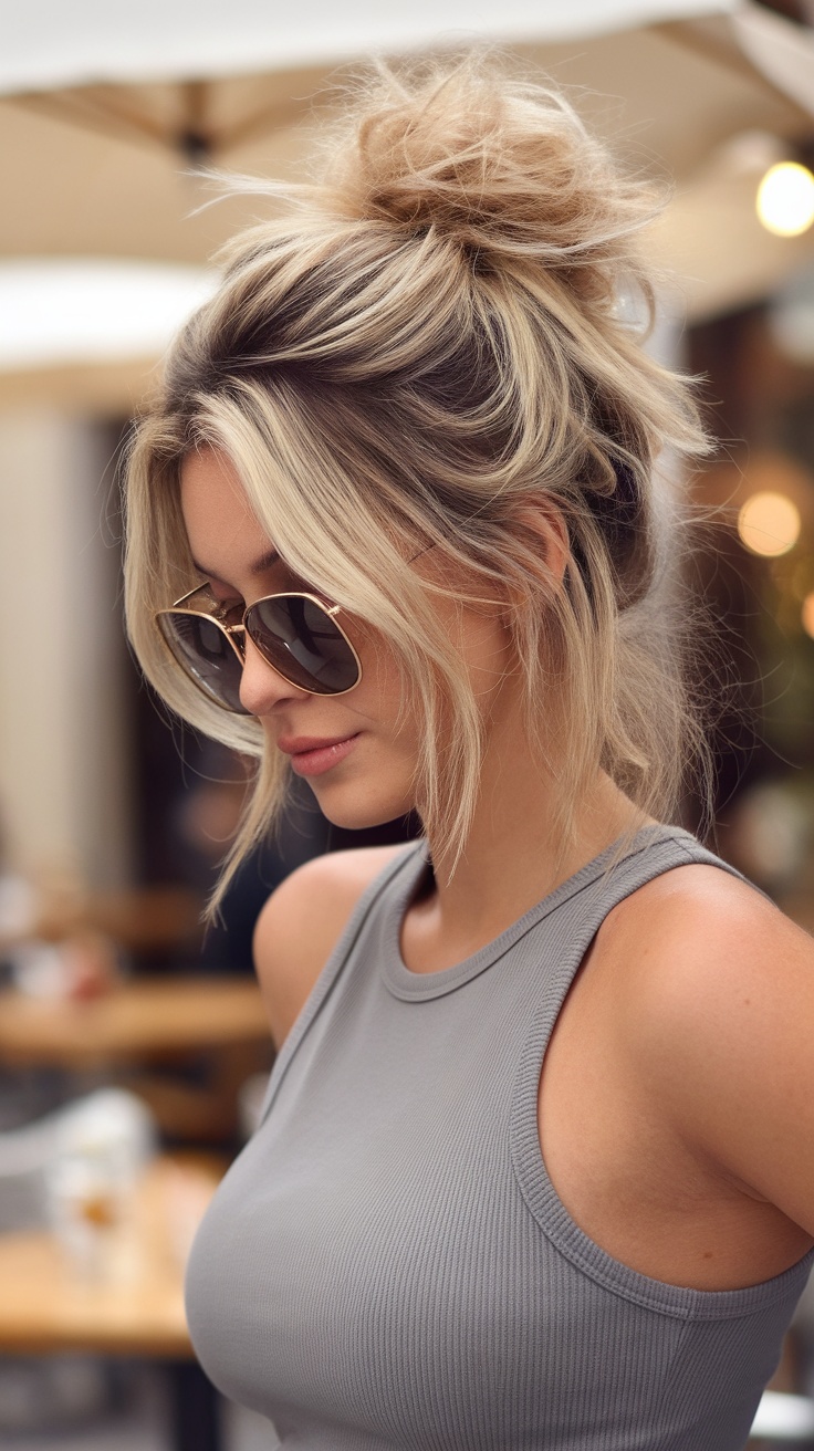 A woman with a messy high bun and face-framing strands, wearing sunglasses.