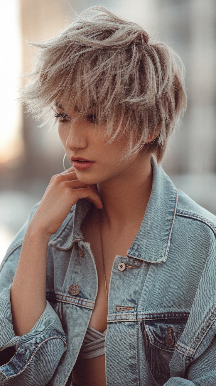 A young person with a tousled pixie cut, wearing a denim jacket and looking thoughtful.