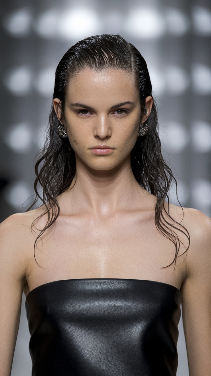 Model showcasing wet-look wavy hair