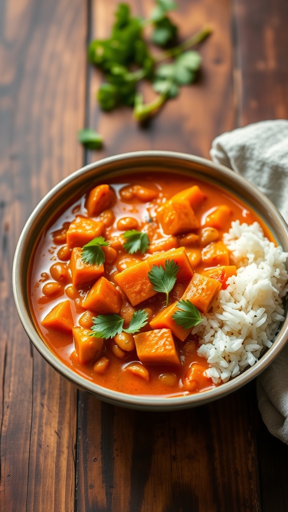 A bowl of spicy Red Lentil and Sweet Potato Curry with cilantro and rice on a rustic table.