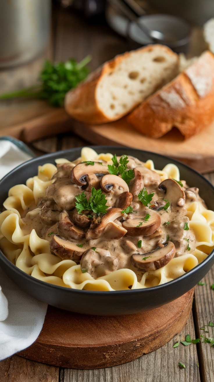 Creamy mushroom stroganoff with egg noodles, garnished with parsley, on a rustic table with bread.