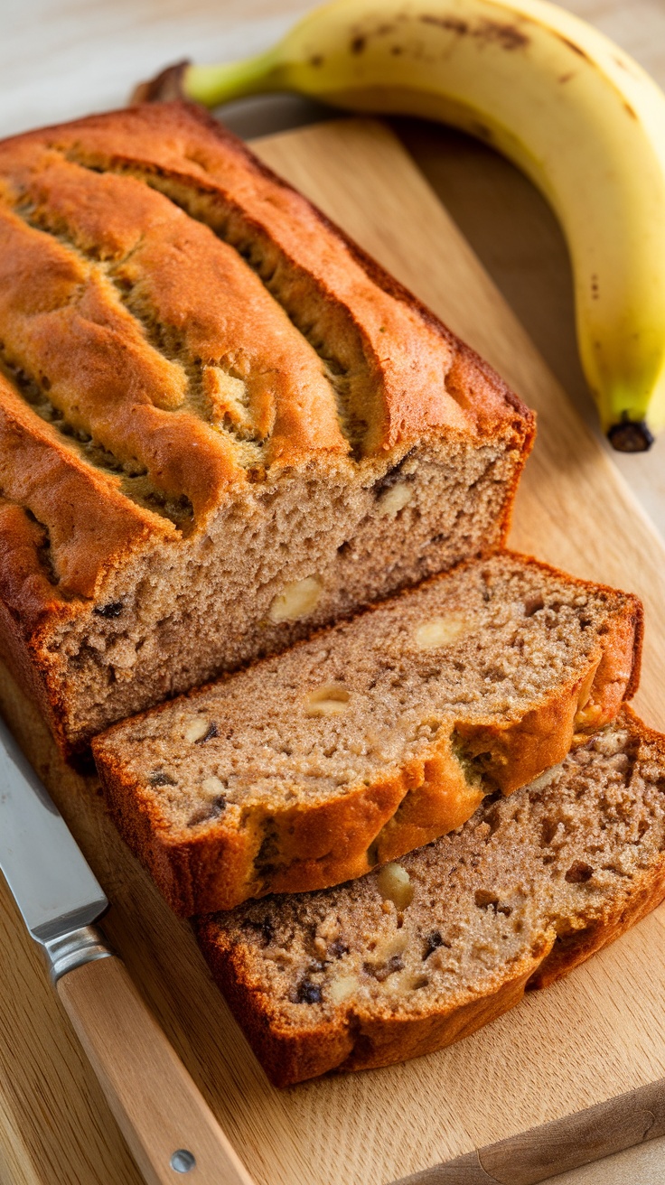 A golden-brown loaf of banana bread sliced to show its moist interior, with ripe bananas nearby.