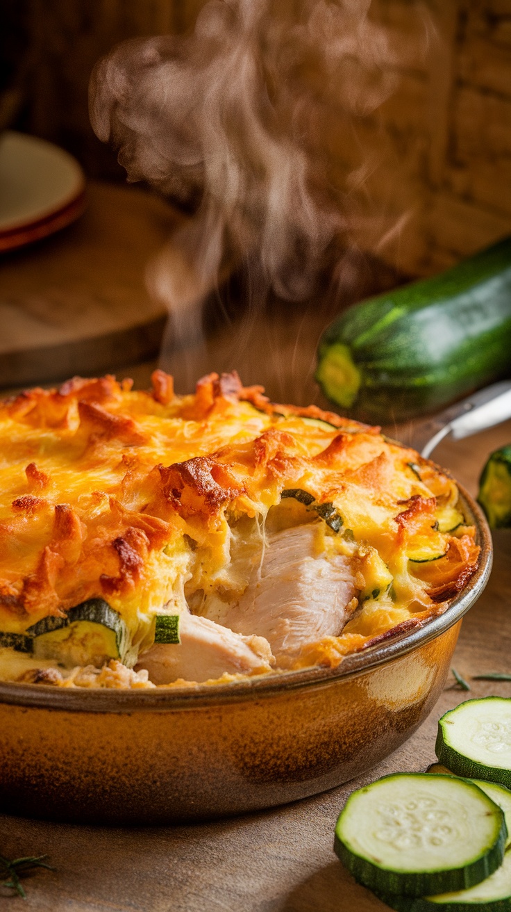 Cheesy Chicken and Zucchini Casserole with golden topping, freshly baked, ready to serve.