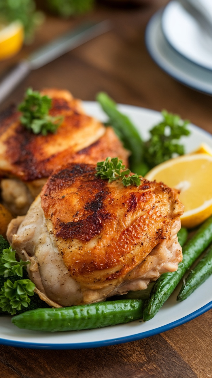 Crispy roasted Keto Chicken Thighs garnished with parsley and lemon, served with green veggies on a rustic table.