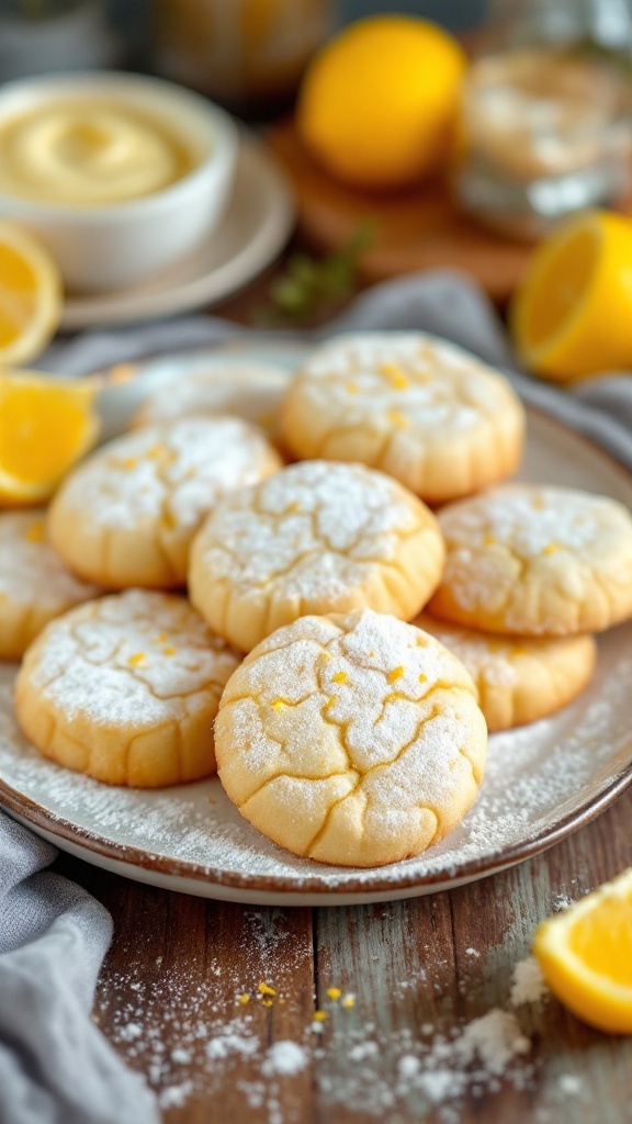 Plate of lemon cheesecake cookies, dusted with powdered sugar, on a wooden table with lemon slices.