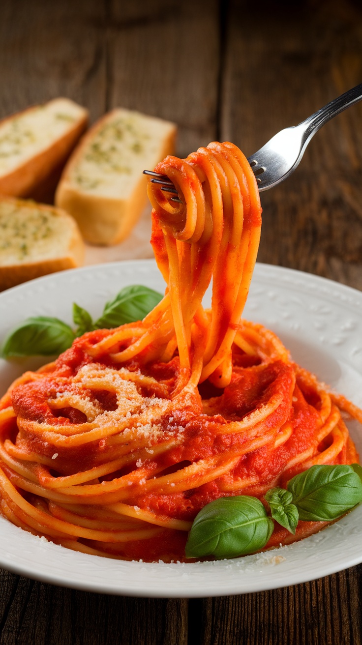 A plate of spaghetti tomato pasta garnished with fresh basil and grated Parmesan cheese on a rustic wooden table.