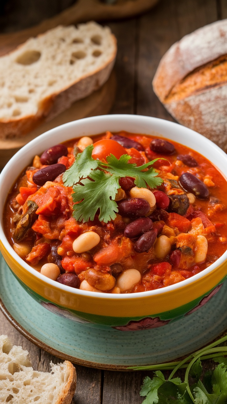 A bowl of Vegan Chili made with beans, tomatoes, and vegetables, garnished with cilantro, accompanied by crusty bread.