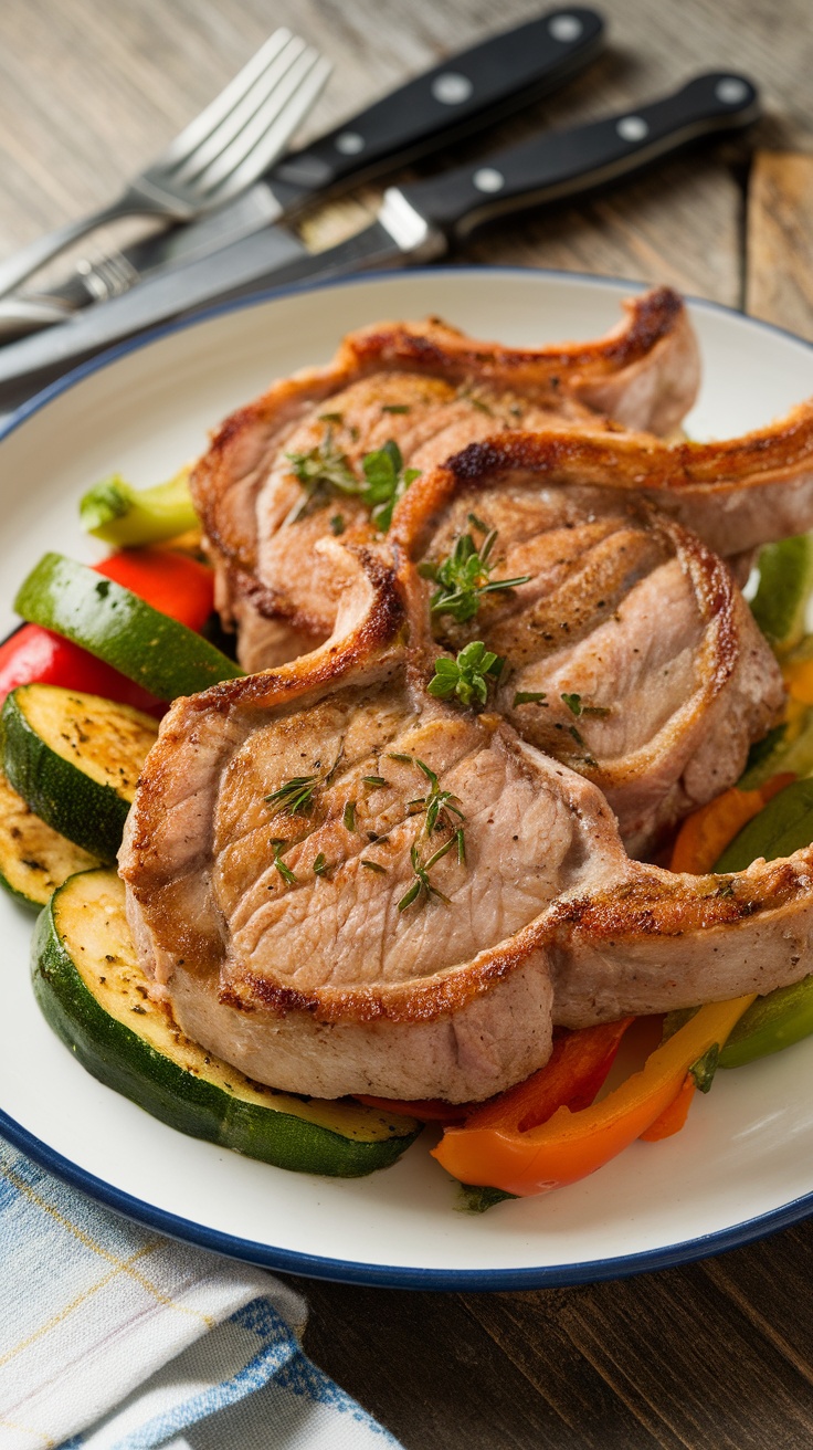 Seared pork chops on a plate with vegetables and herbs, showcasing a keto-friendly meal.