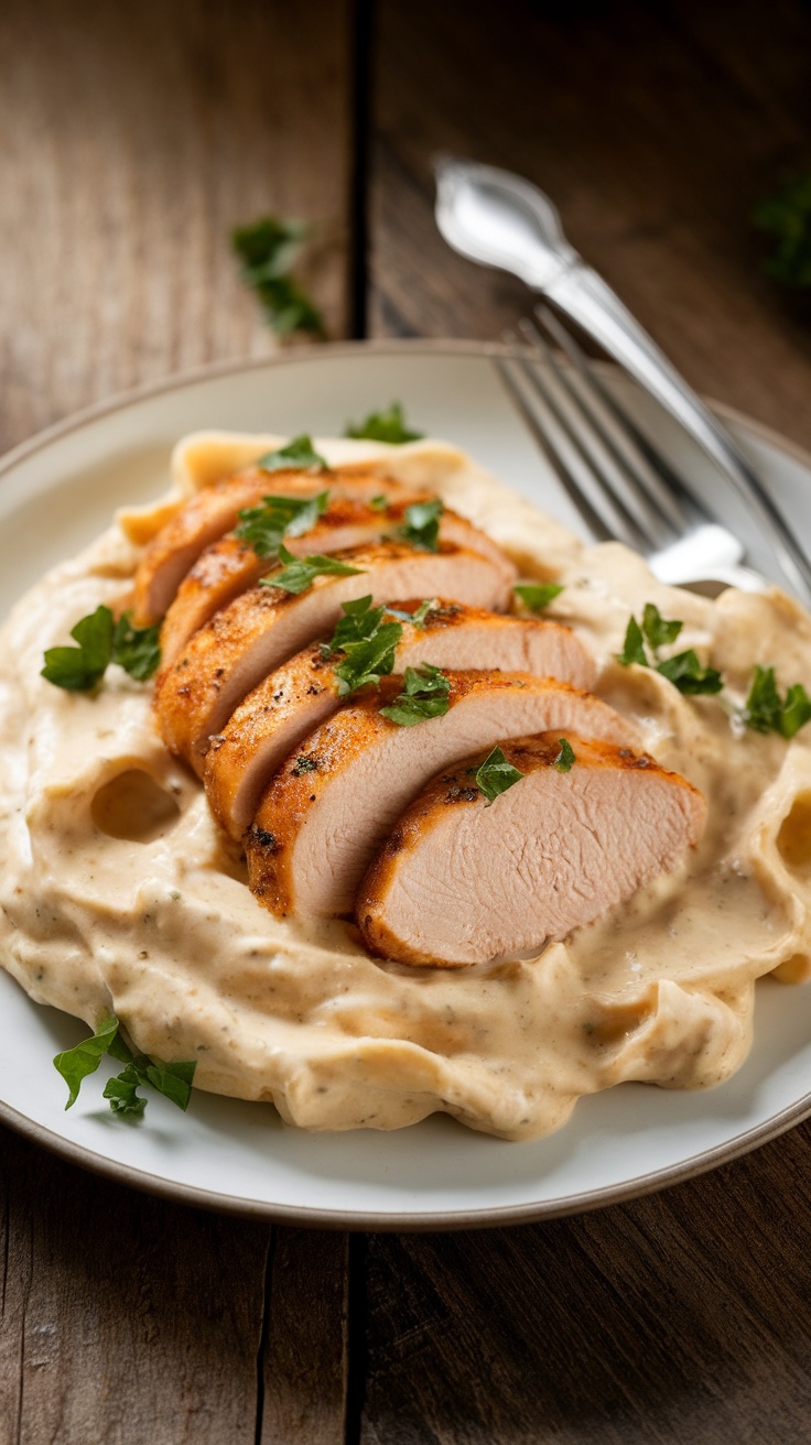 Creamy Keto Chicken Alfredo served on a plate, garnished with parsley, with a fork beside it on a rustic table.