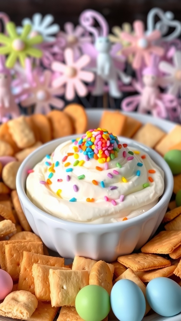 A bowl of Easter Dunkaroo Dip with sprinkles surrounded by cookies and fruit on a festive table.