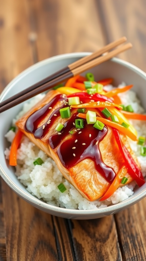 Salmon Teriyaki Bowl with salmon, rice, and vegetables, garnished with sesame seeds on a wooden table.