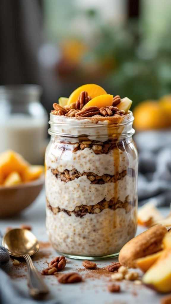 Jar of Maple Cinnamon Pecan Overnight Oats with pecans and fresh fruit, set in a warm kitchen.