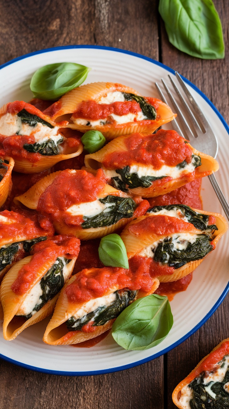 Vegan Stuffed Pasta Shells topped with marinara sauce and fresh basil on a rustic table.