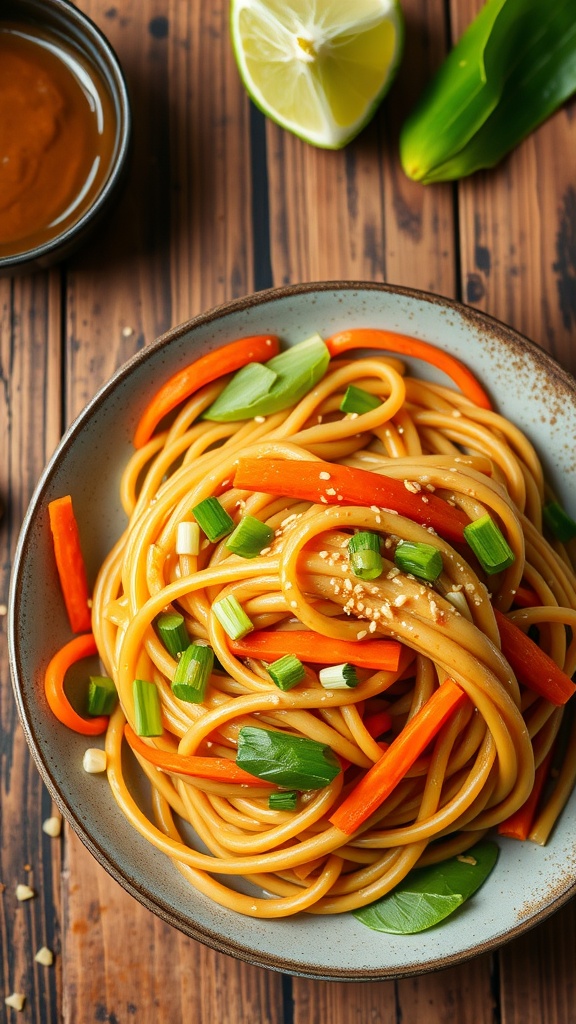 A serving of Vegan Thai Peanut Noodles with colorful vegetables and peanut sauce on a rustic table.