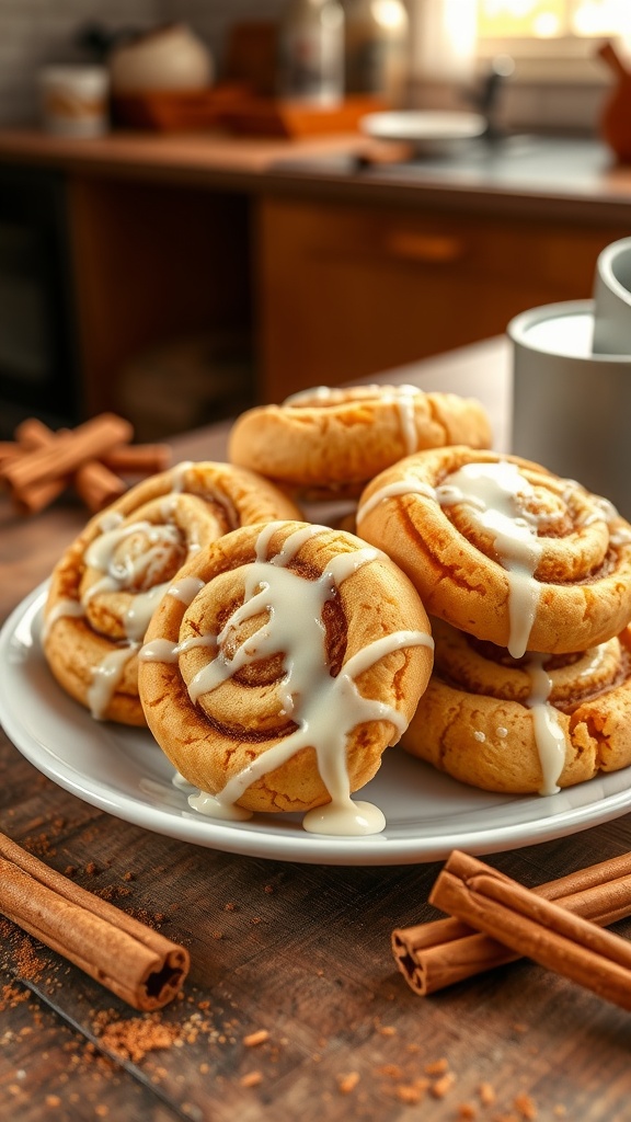 A plate of golden cinnamon roll cookies with icing, garnished with cinnamon sticks on a rustic table.