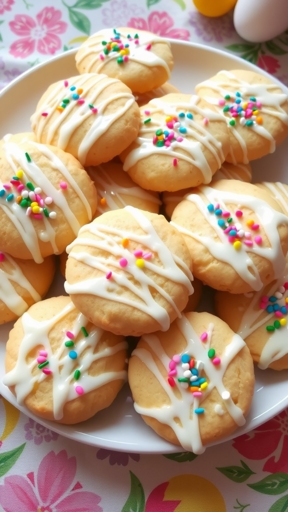 Plate of Italian Ricotta Easter Cookies with glaze and sprinkles on a festive table.