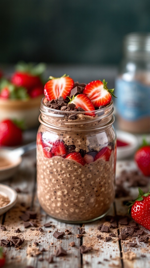 Jar of chocolate strawberry overnight oats topped with strawberries and chocolate shavings on a wooden table.