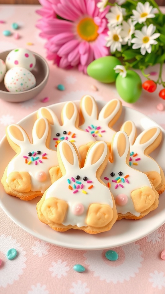 A plate of Bunny Butt Cookies decorated with icing and sprinkles for Easter.