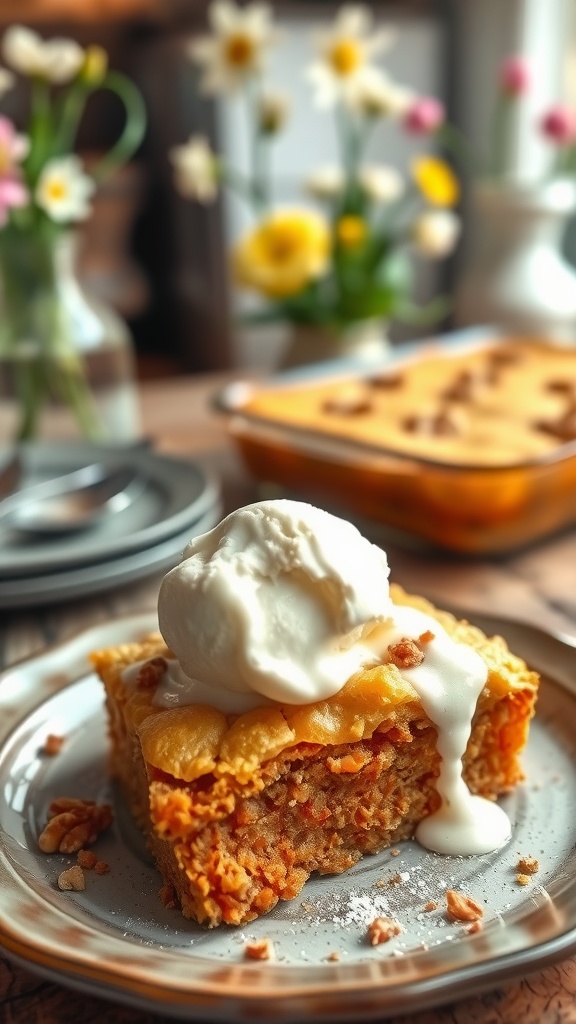 A slice of carrot cake cobbler with ice cream, served on a rustic plate, garnished with walnuts.