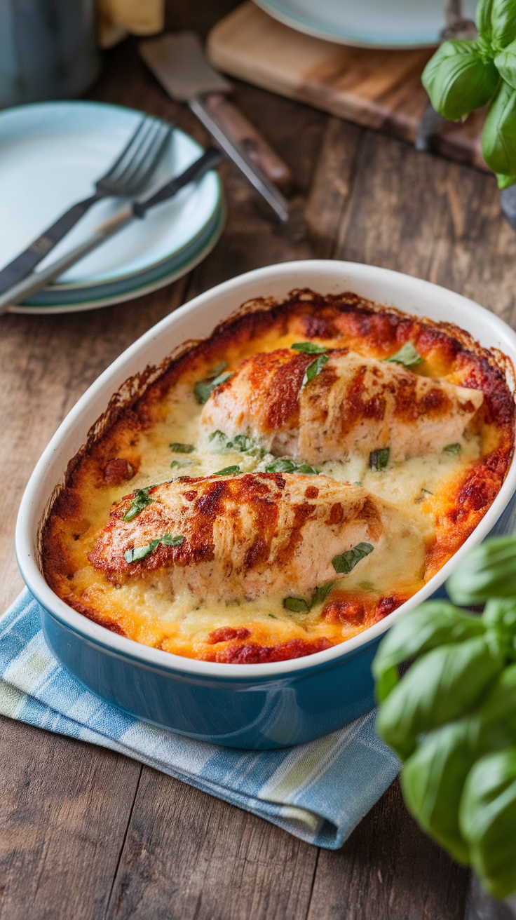 Keto Chicken Parmesan Casserole with melted cheese and basil, served in a rustic kitchen.