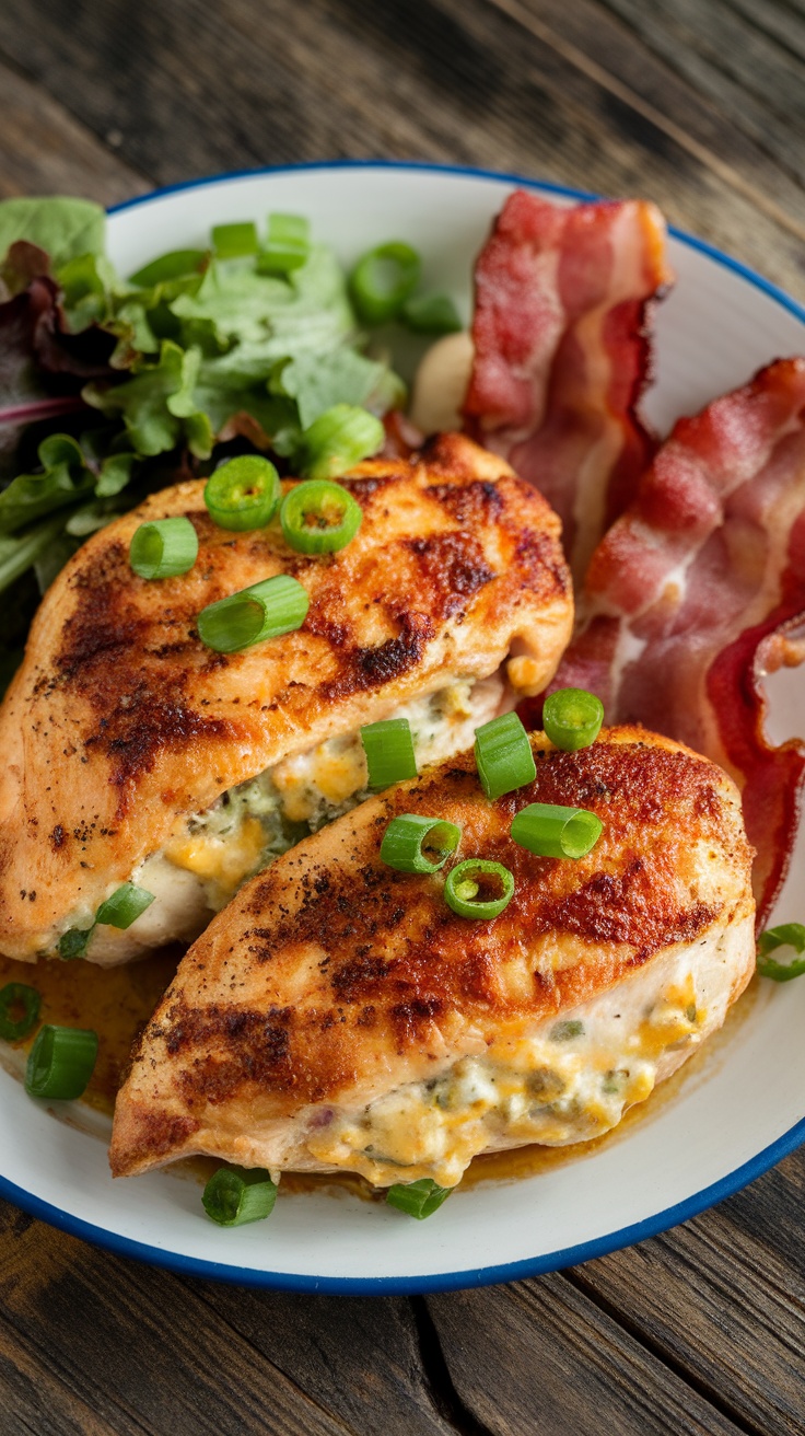 Keto Jalapeño Popper Chicken with golden cheese filling and crispy bacon, served with greens on a wooden table.