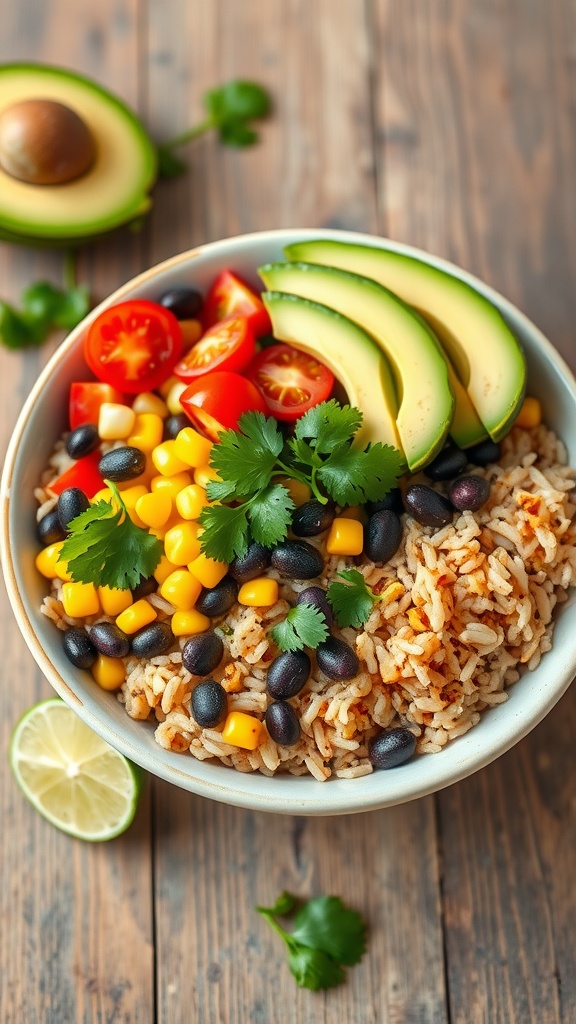 A vibrant Vegan Burrito Bowl with rice, black beans, corn, veggies, and avocado, garnished with cilantro.