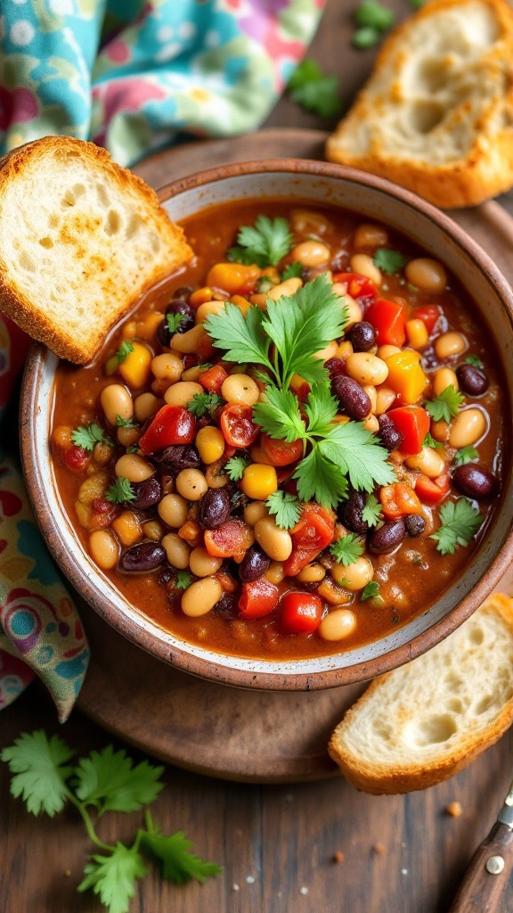 A hearty bowl of vegan chili filled with beans, vegetables, and garnished with cilantro, alongside a slice of bread.