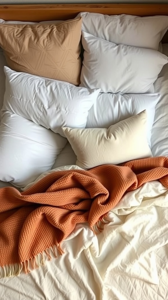 An inviting bed with layered pillows and a cozy orange throw blanket.