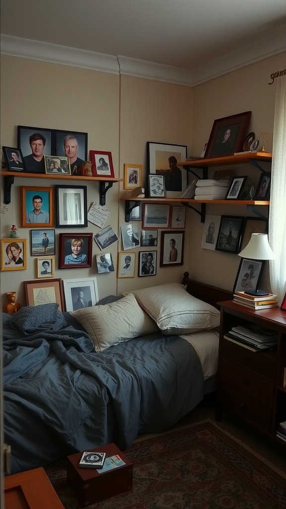 A cozy bedroom featuring a bed with unmade blankets and a wall adorned with various framed photographs and art.