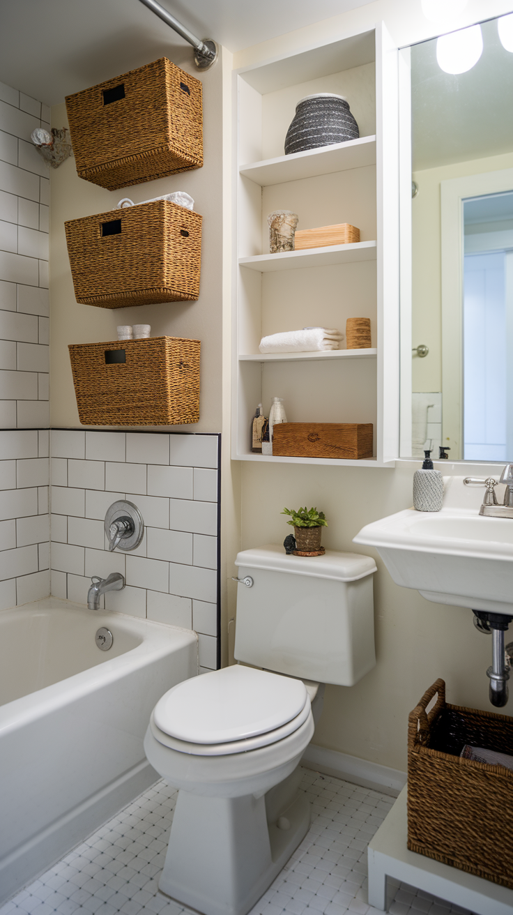 A stylish bathroom featuring functional storage options like baskets and shelves.