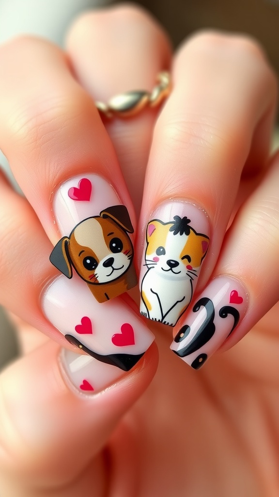 Nails featuring cute animals and heart motifs, showcasing a playful and loving design.