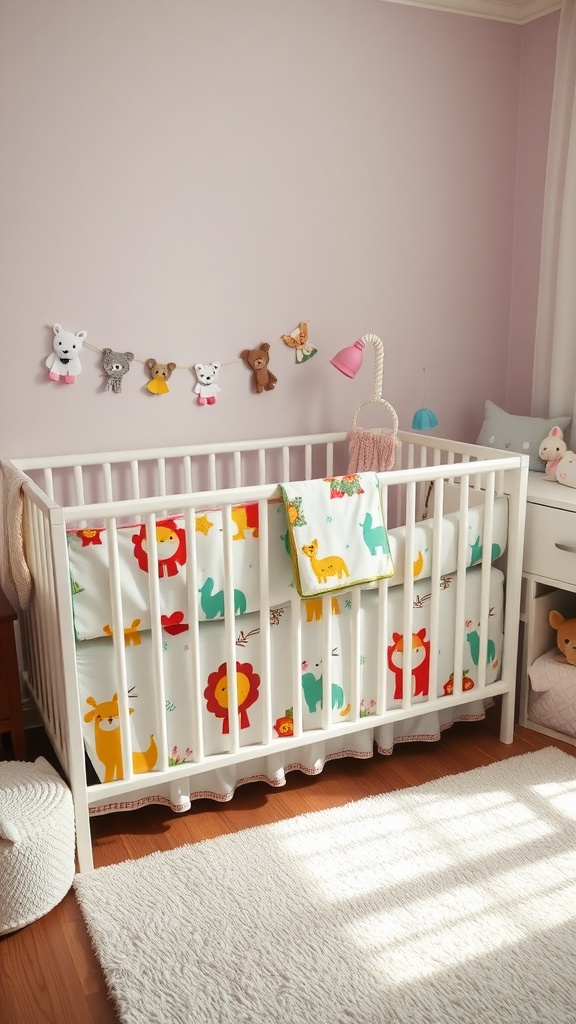 A nursery with a crib featuring colorful animal-themed bedding.