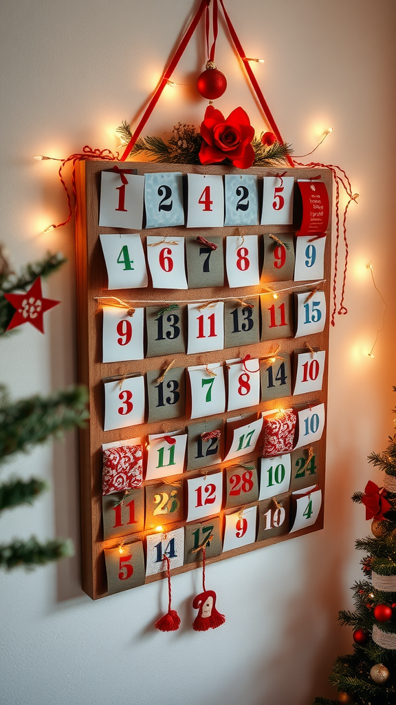 A beautifully decorated advent calendar with numbered pockets, lights, and festive decorations.