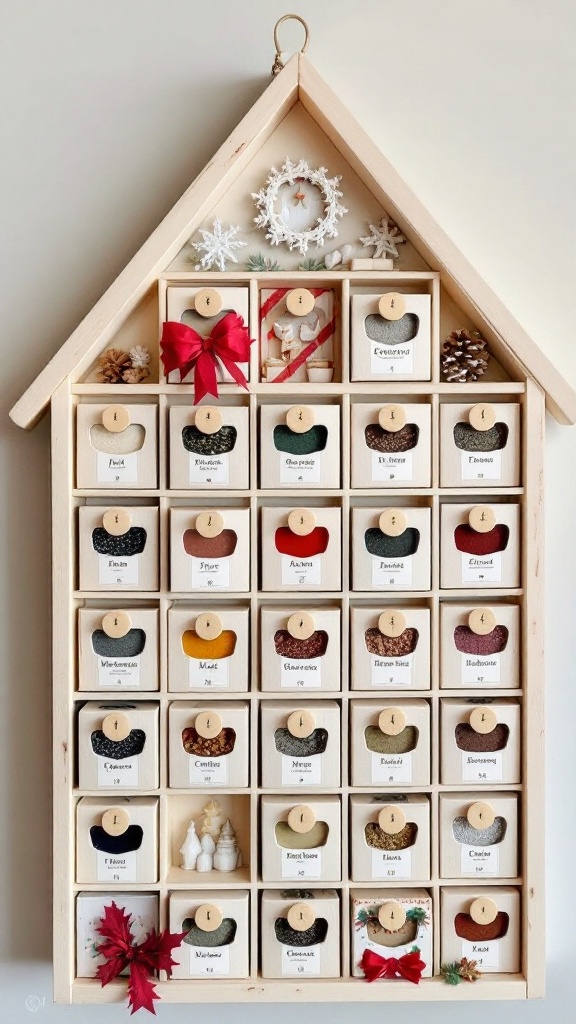 A wooden advent calendar spice rack with labeled spice drawers and festive decorations.